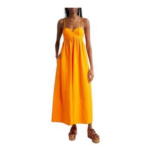 Farm Rio Orange Cotton Maxi Dress Sweetheart Neckline Bustier Flowy